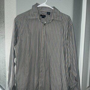 Van Heusen Striped Dress Shirt Men's Medium | Tan & Blue Button Up | Size 15-15.